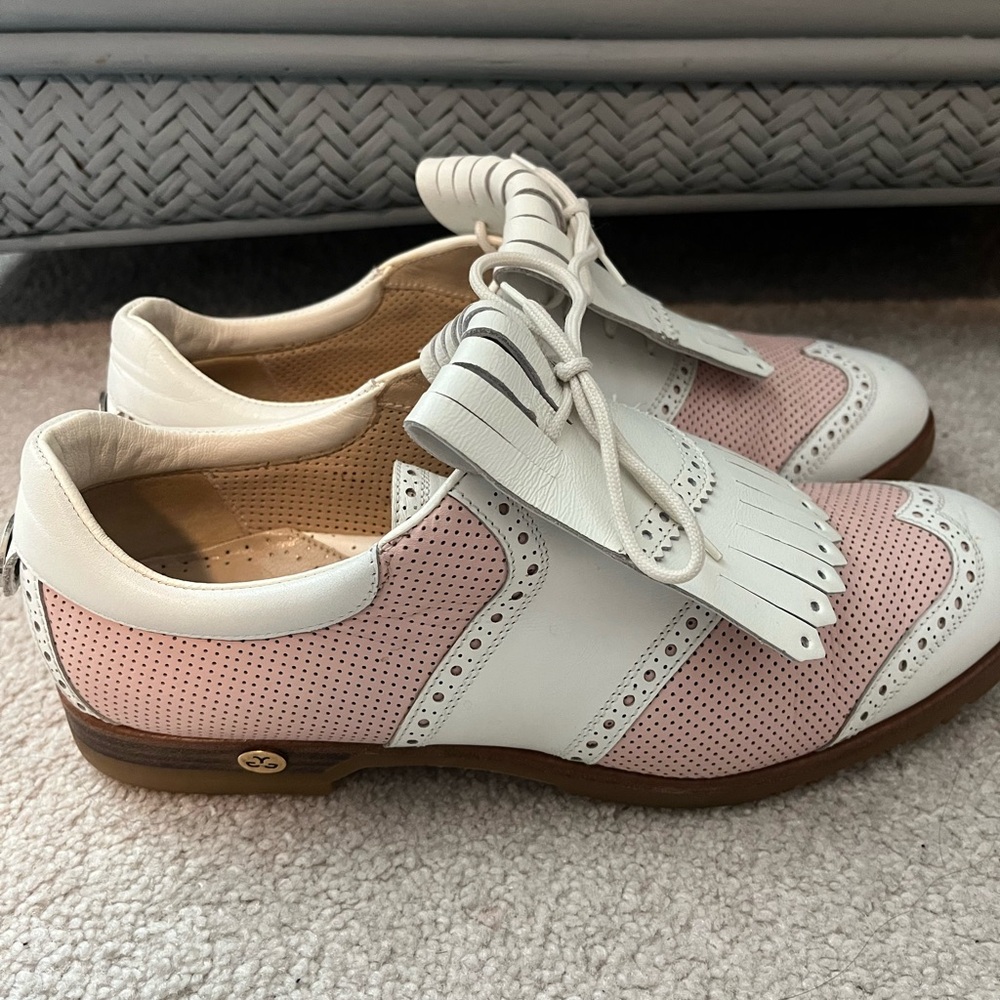 Chic Pink and White Perforated Loafers
